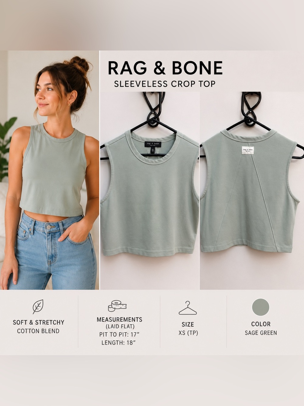 Rag & Bone Crop Tank Top XS Sage Mint Green Sleeveless Muscle Tee Viscose